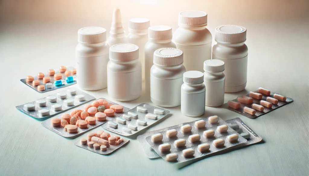 A close-up of pill bottles, capsules, and blister packs symbolizing treatment options.