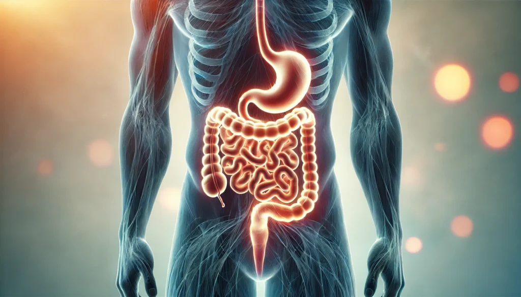 A glowing intestine within a human silhouette, emphasizing gut health and relief.