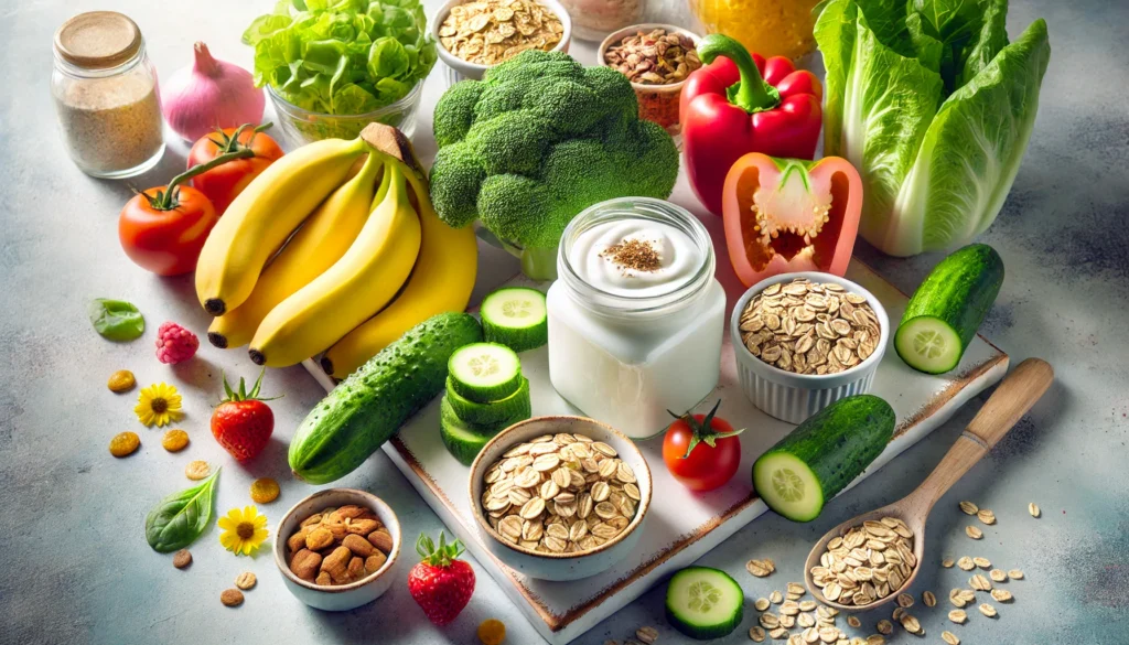 A bright, fresh arrangement of yogurt, bananas, oats, and vegetables, promoting a balanced diet for digestive well-being