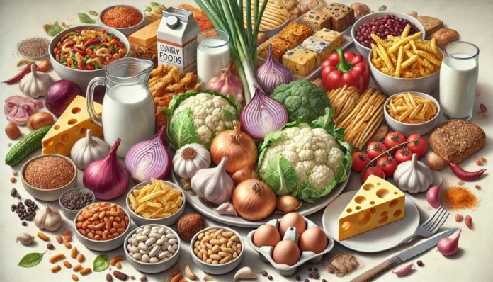 A selection of high-FODMAP foods, including onions, garlic, beans, cabbage, cauliflower, dairy products like milk and cheese, and processed fried snacks and sugary desserts, all arranged on a neutral background.