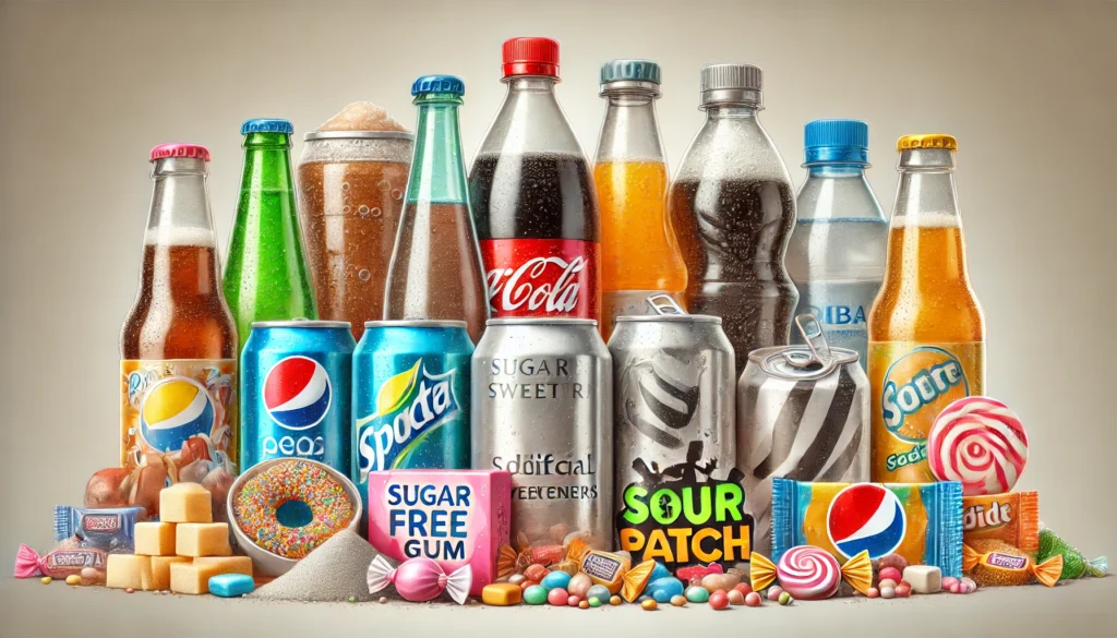 A variety of carbonated beverages, including soda cans and bottles, along with sugar-free gum, diet sodas, and candies containing artificial sweeteners, set against a neutral backdrop.