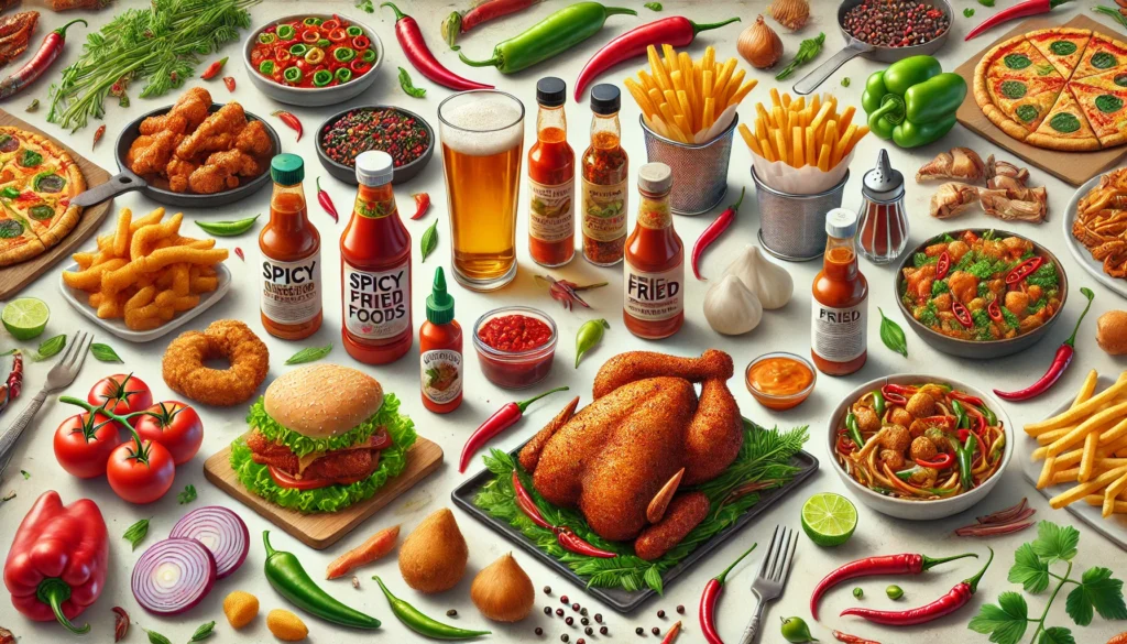 An assortment of spicy and fried foods, featuring chili peppers, hot sauces, spicy curries, deep-fried chicken, French fries, and onion rings, displayed on a neutral background.