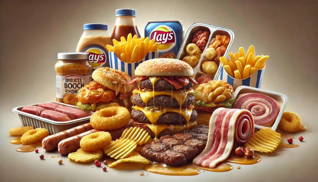 A spread of processed and high-fat foods, including greasy burgers, sausages, bacon, chips, and frozen processed meals, visually emphasizing their unhealthy nature.