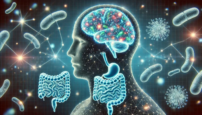 A futuristic, science-inspired visualization of gut-brain connection, featuring a glowing human brain linked to a vibrant digestive system with luminous neural pathways and floating probiotic bacteria
