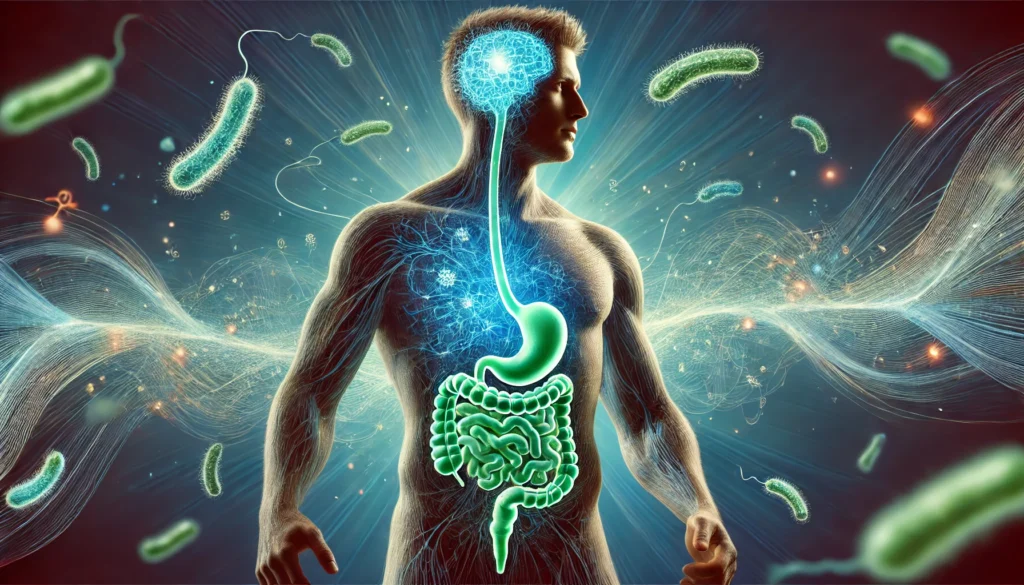 A health-focused digital representation of a male silhouette with a glowing digestive system, interconnected with swirling energy lines to the brain, symbolizing probiotics' role in cognitive function.
