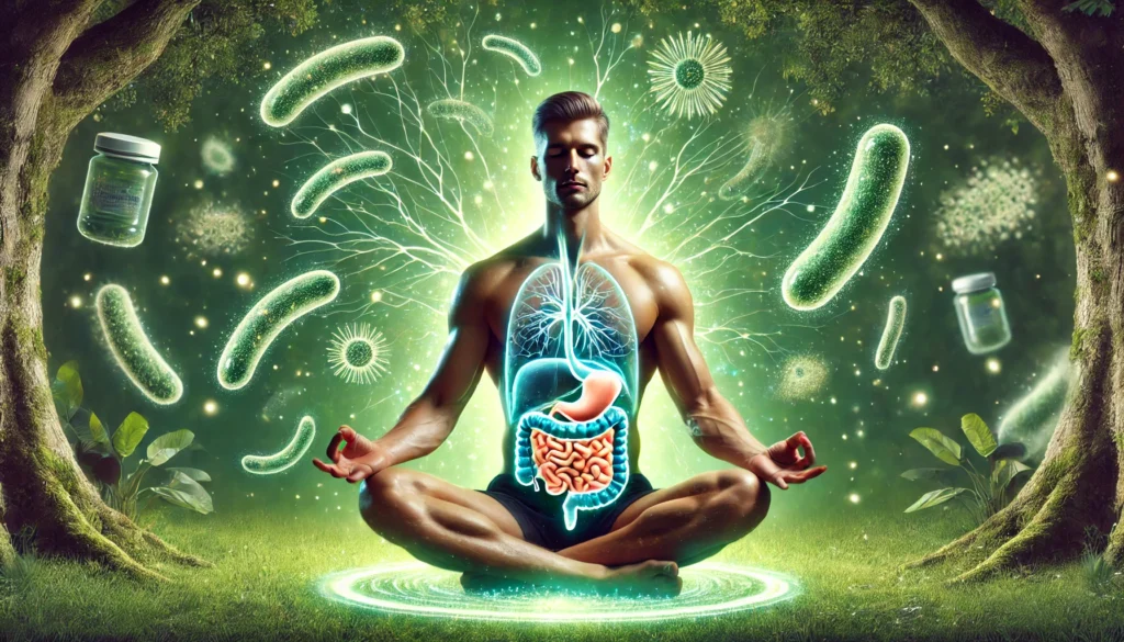 A serene, nature-inspired depiction of a fit man meditating, surrounded by a glowing aura of beneficial bacteria, with neural connections subtly linking his brain and gut for enhanced mental well-being.