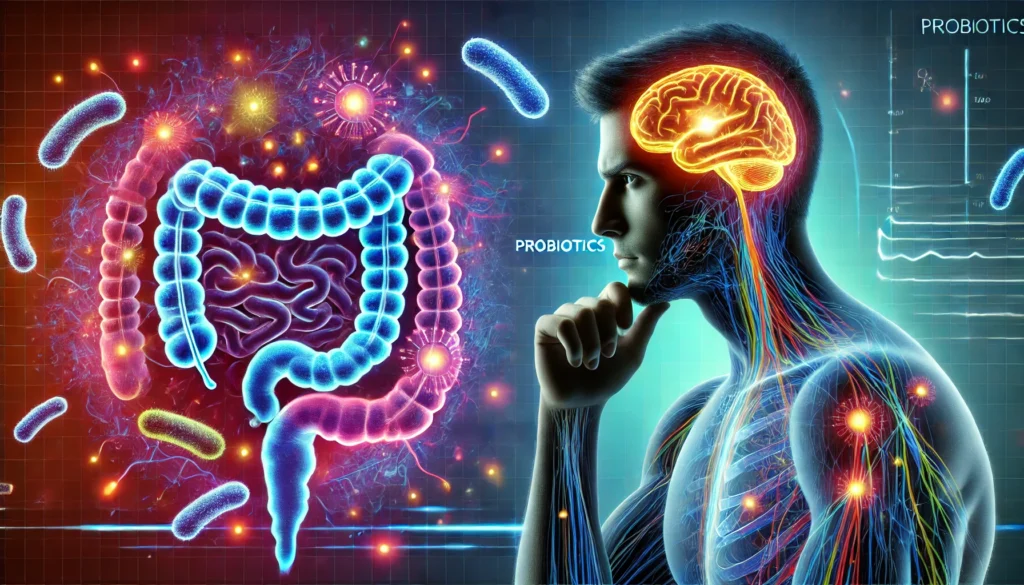 A futuristic wellness concept illustrating probiotics' role in cognition, featuring a man in deep thought with glowing neural pathways between the brain and gut, surrounded by a vibrant microbiome.
