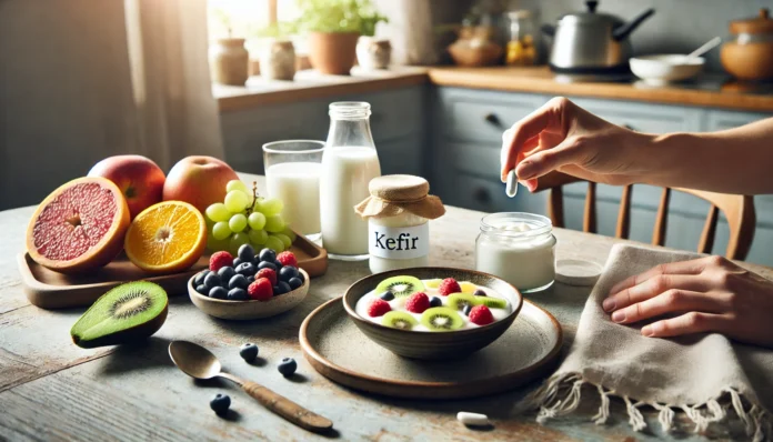 A serene kitchen scene with a person enjoying probiotics alongside a healthy breakfast, featuring yogurt, kefir, and fresh fruits bathed in soft morning light.