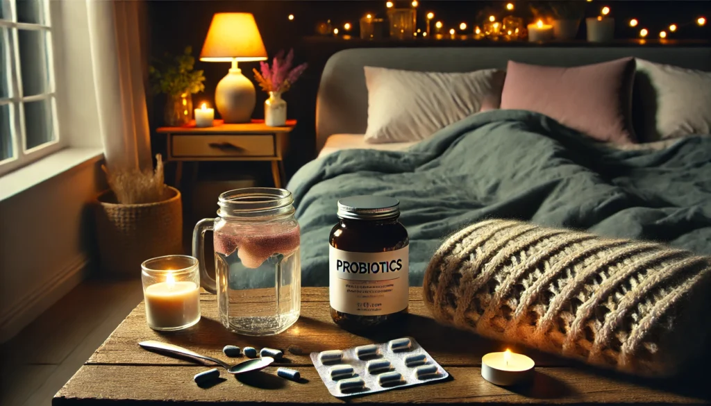 A cozy bedroom setting with dim lighting, where a person takes probiotics before bed, accompanied by a warm cup of herbal tea and a glass of water.