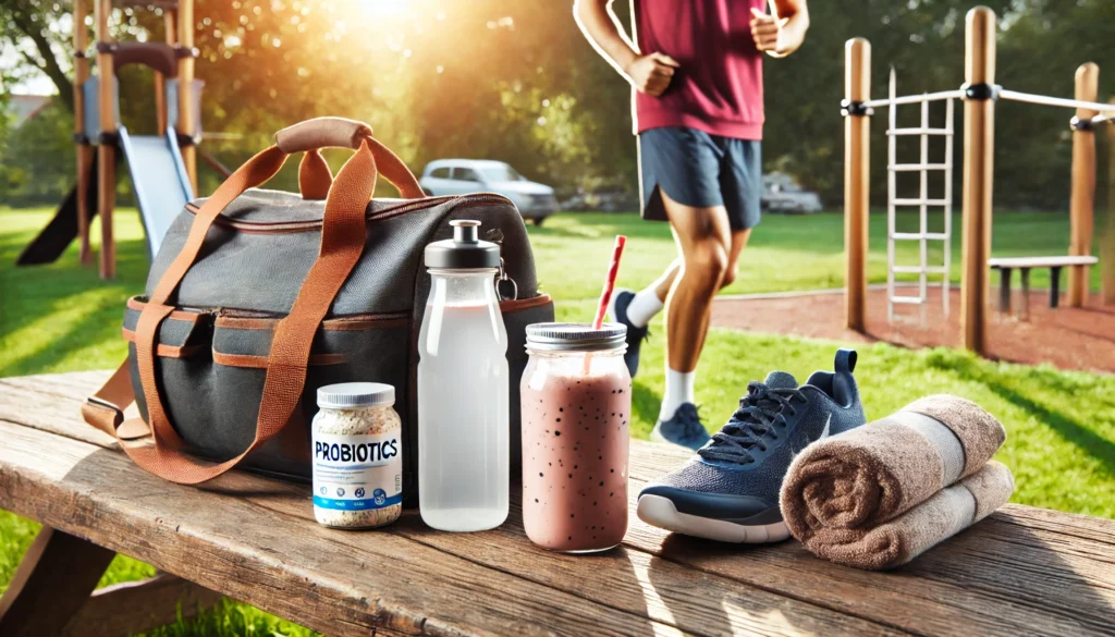 An outdoor fitness setting where a person prepares for a workout with a probiotic-rich smoothie, gym bag, and water bottle against a bright and energetic park backdrop.