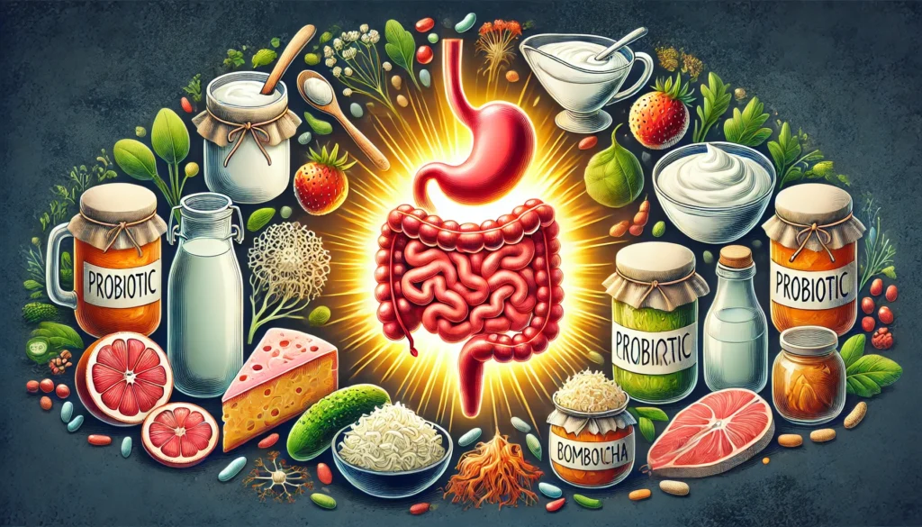 A conceptual illustration of a glowing gut surrounded by probiotic-rich foods like yogurt, kimchi, sauerkraut, and kombucha, symbolizing digestive health and balance.