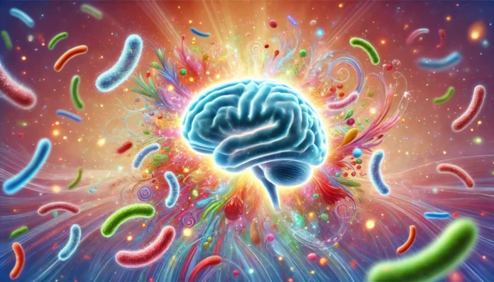 A vibrant illustration of the gut-brain connection, featuring a glowing human brain surrounded by swirling, colorful microbiota. The ethereal background suggests calmness and balance, symbolizing the positive effects of probiotics on mental well-being.