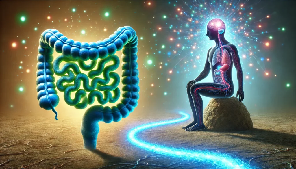 A surreal concept art showcasing the gut-brain connection, with an abstract glowing pathway linking the intestines and the brain. Illuminated in calming blue and green hues, the image represents the harmonizing effects of probiotics on cognition and emotional stability.