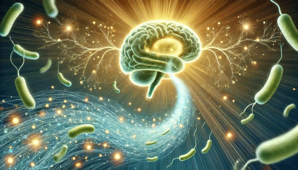 An artistic visualization of beneficial probiotics flowing from the gut to the brain, forming an intricate, radiant neural network. The golden and teal hues evoke feelings of improved cognition, clarity, and emotional well-being.