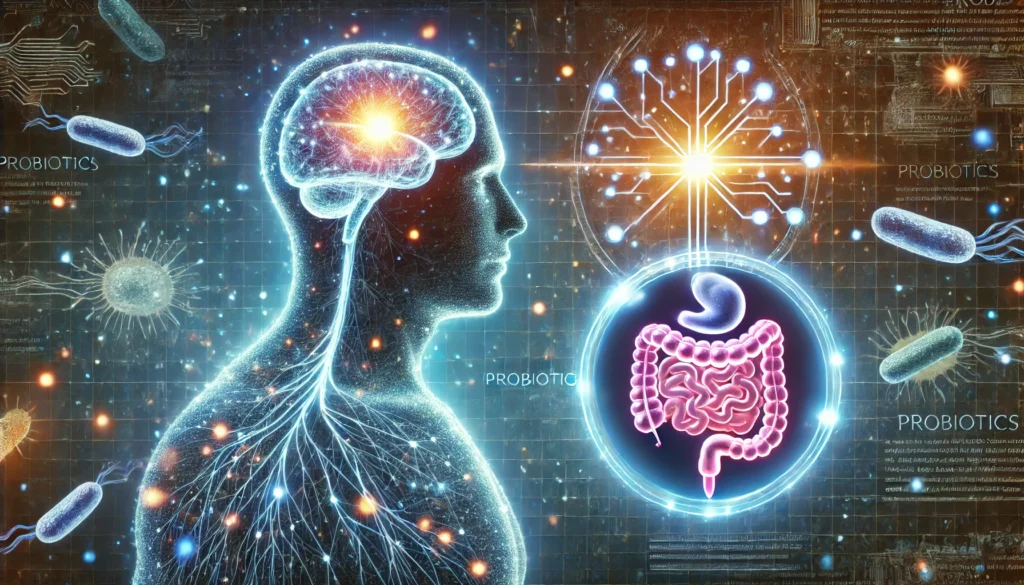 A futuristic scientific illustration of probiotics supporting mental health, featuring a high-tech glowing human silhouette with a neural network linked to a thriving microbiome. The image radiates vitality, clarity, and the cognitive benefits of good bacteria.