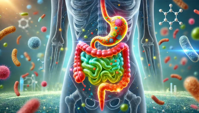 A glowing, semi-transparent human digestive tract filled with diverse, friendly bacteria in a scientific setting.