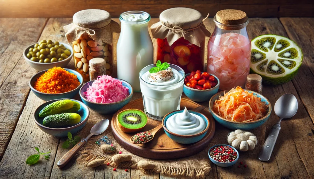 A rustic wooden table displaying natural probiotic foods like yogurt, kefir, sauerkraut, kimchi, and kombucha.