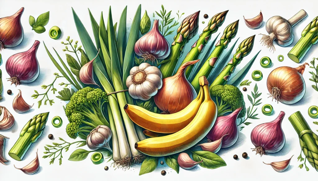 A bright and natural arrangement of prebiotic-rich foods, including garlic, onions, bananas, asparagus, and leeks.