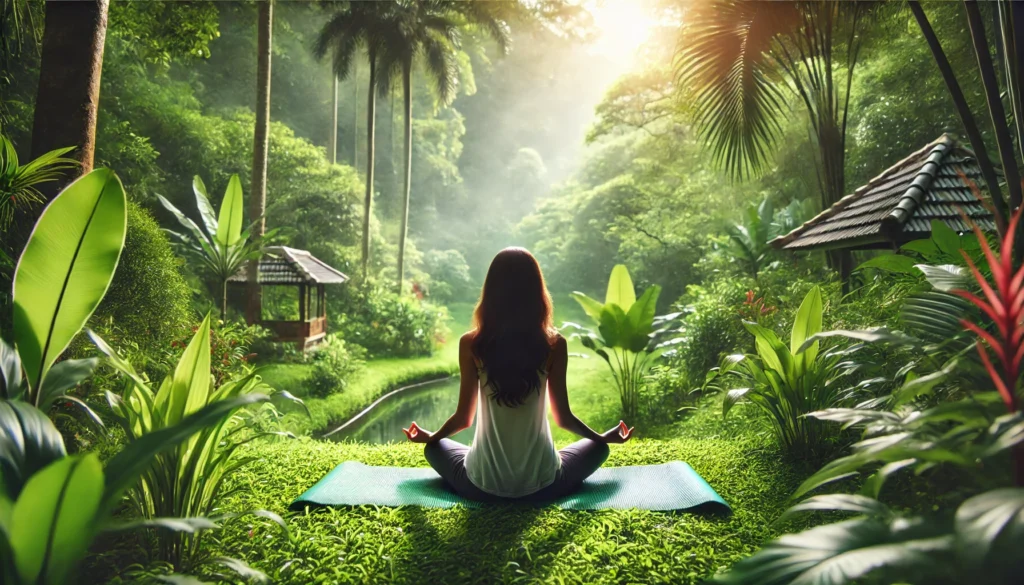A serene outdoor scene of a woman practicing meditation and deep breathing, symbolizing stress relief and gut balance.