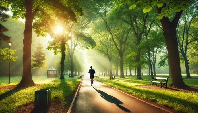 A serene park scene with a person jogging along a sunlit trail, surrounded by lush greenery and fresh morning air, symbolizing the stress-reducing benefits of exercise.
