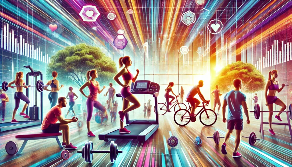 A vibrant gym with individuals engaging in workouts like weightlifting, cycling, and running on treadmills, showcasing the mood-boosting effects of physical activity.