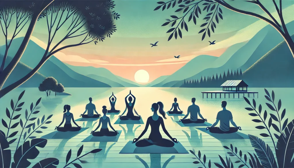 An outdoor yoga session at sunrise, with people practicing mindfulness poses near a lake and mountains, illustrating the connection between exercise and reduced anxiety.