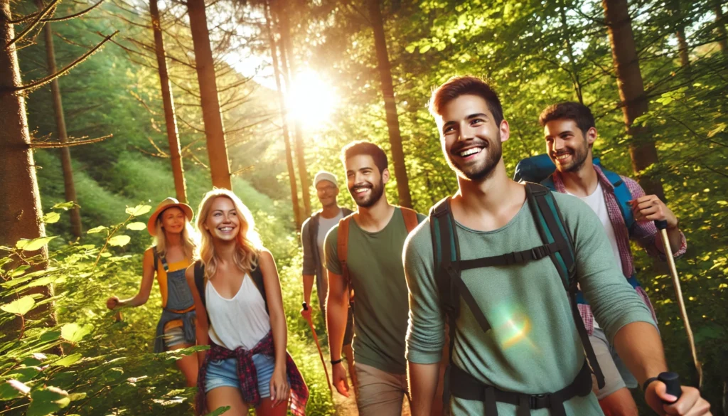 A group of friends hiking through a lush green forest, smiling and enjoying nature, representing the social and mental health benefits of outdoor physical activities.