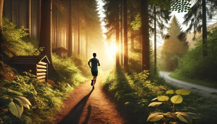 A peaceful forest trail with a relaxed runner, symbolizing inner calm and mental clarity.