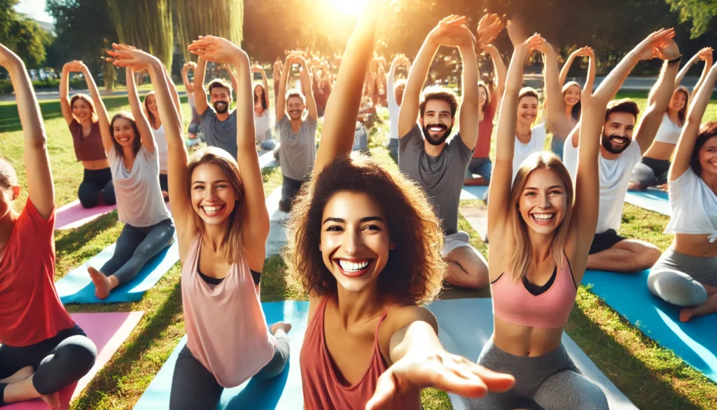 A diverse group practicing yoga in an open park, highlighting connection and happiness.
