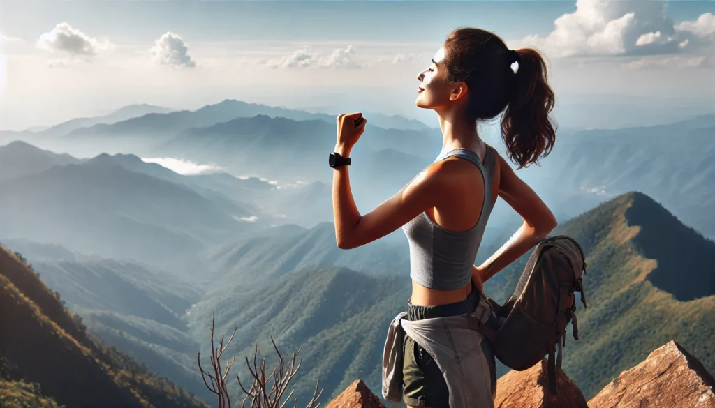 A woman standing on a mountain peak, showcasing confidence and personal growth.