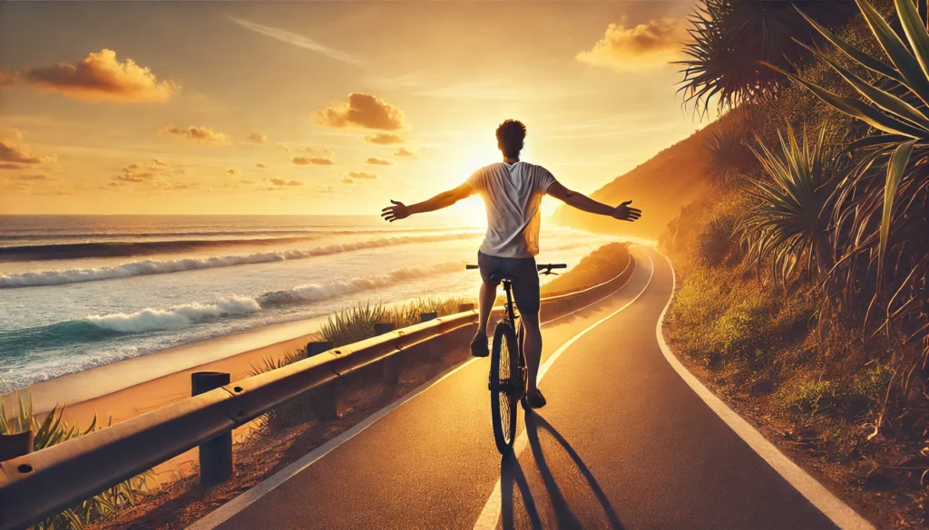 A man cycling at sunset by the ocean, reflecting stress relief and freedom.