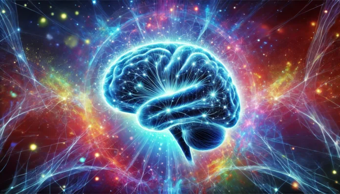 A vibrant digital illustration of a glowing brain with illuminated neural connections, symbolizing cognitive enhancement, mental clarity, and brain health.