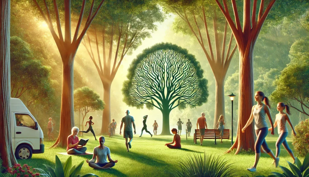 A peaceful outdoor scene in a lush green park with individuals engaging in brain-boosting activities such as yoga, walking, meditation, and reading.