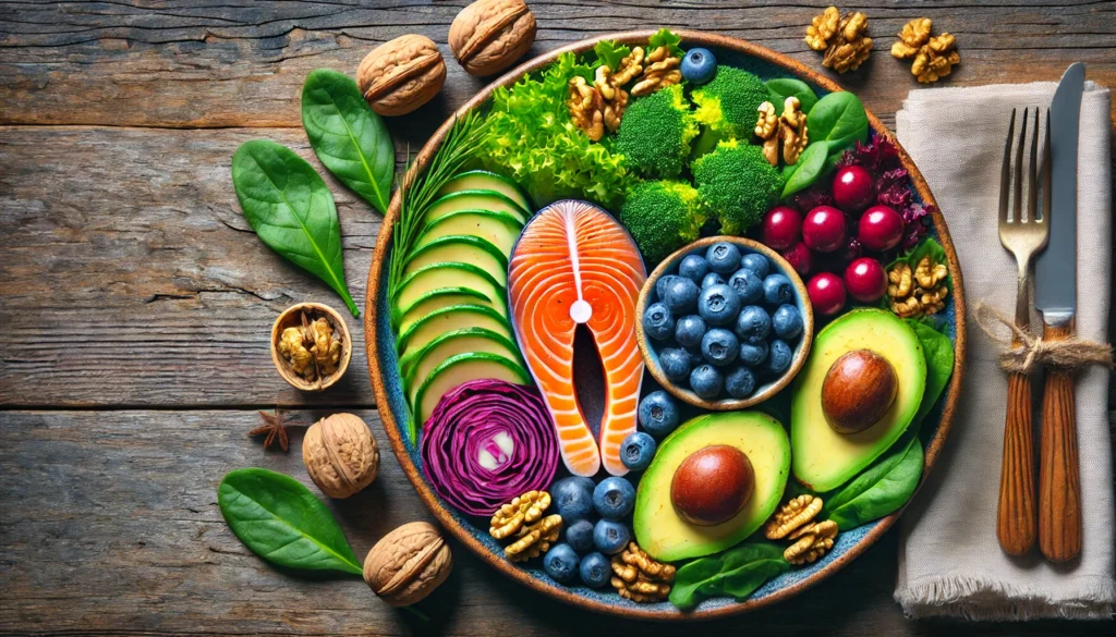 A top-down view of a colorful plate featuring brain-healthy foods, including salmon, blueberries, walnuts, avocados, and leafy greens, highlighting nutrition for cognitive function.