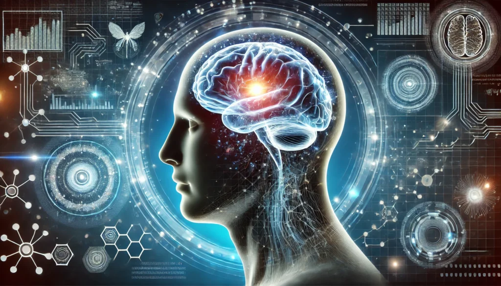 A futuristic depiction of brain health, showcasing a human silhouette with a transparent head revealing a glowing brain, surrounded by digital elements and neural pathways.