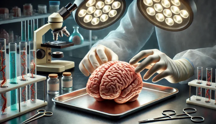 A realistic depiction of a human brain being examined in a laboratory setting, placed on a stainless steel tray while gloved hands carefully analyze its structure under bright surgical lights.