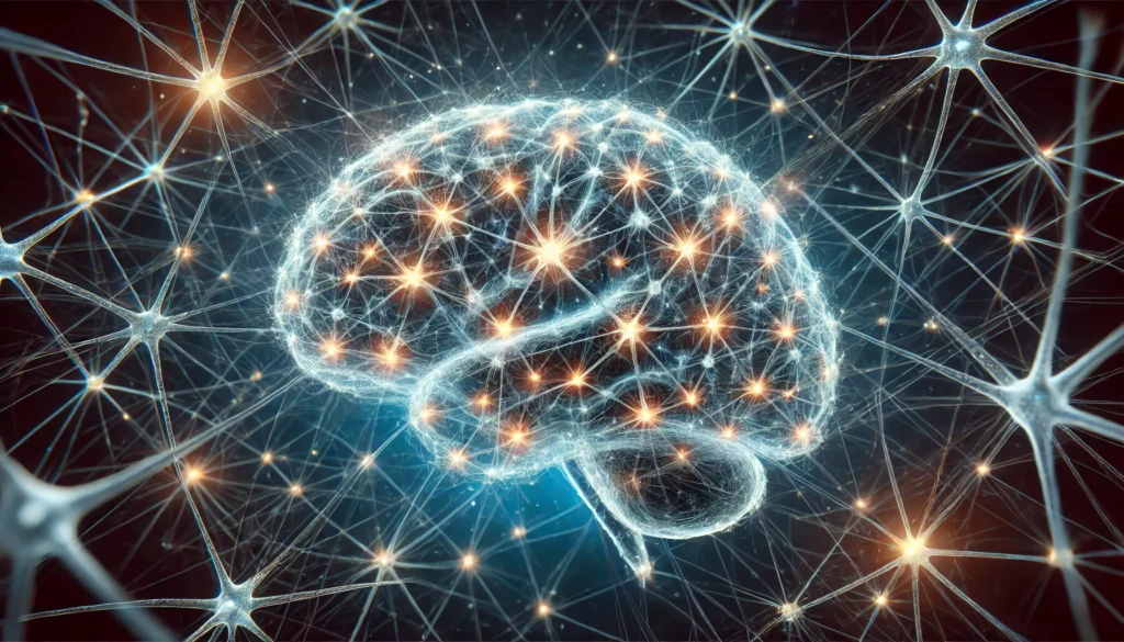 A hyper-realistic illustration of an interconnected neural network inside the human brain, showing glowing synapses firing electrical impulses within a complex web of neurons against a deep blue background.
