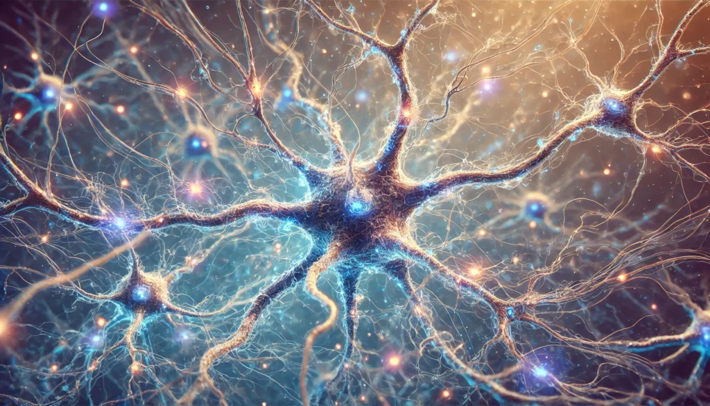 A highly detailed microscopic view of neurons and synapses in the human brain, showing intricate dendrites and axons with glowing electrical signals, emphasizing the complexity of neural communication.