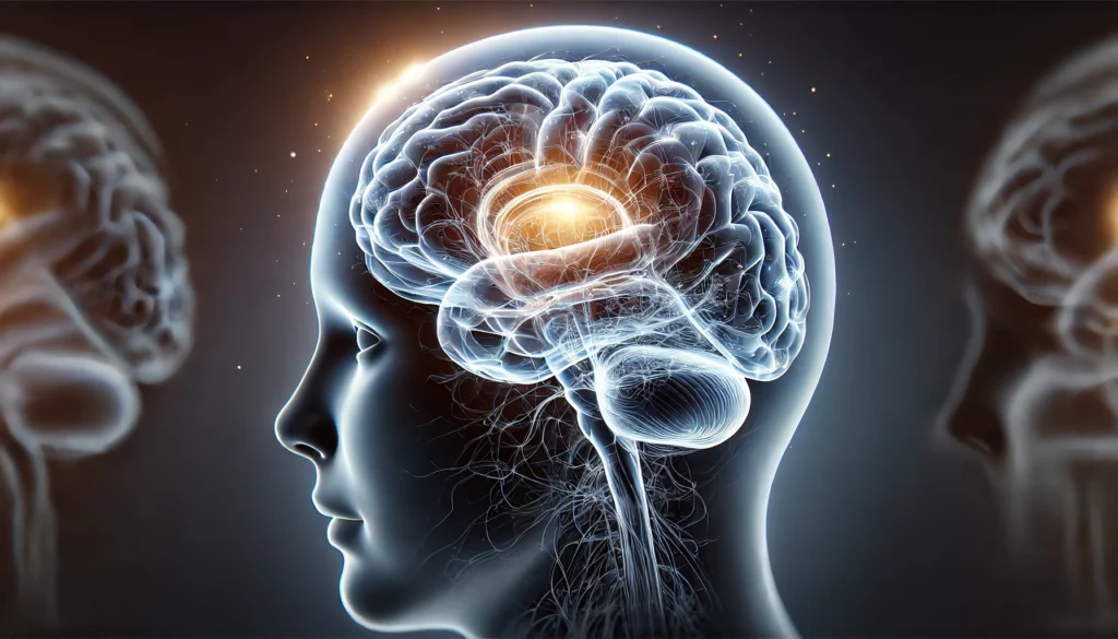 A lifelike 3D rendering of a human brain with a translucent effect, showcasing its internal structures such as the hippocampus, amygdala, and thalamus. The brain is illuminated from within, emphasizing neural pathways and connections against a dark, softly glowing background.