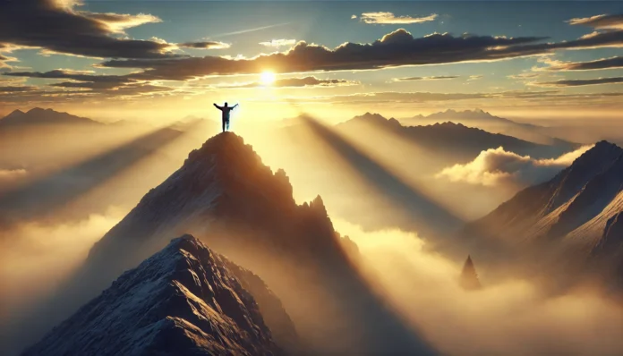 A lone hiker stands triumphantly atop a serene mountain peak at sunrise, arms outstretched. The golden light and vast landscape symbolize personal triumph, emotional relief, and overcoming anxiety.
