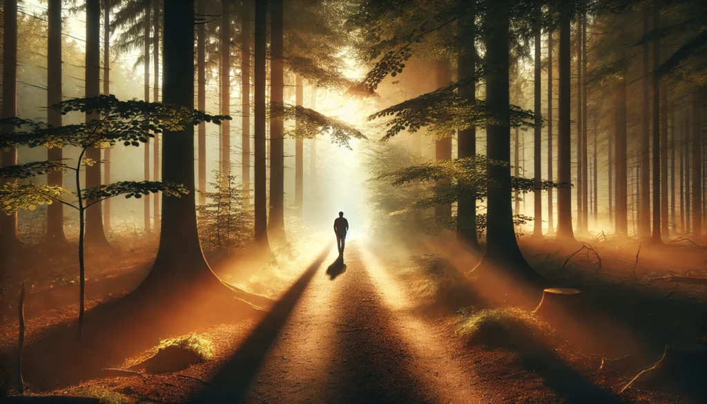 A peaceful forest path bathed in warm sunlight, with a person walking calmly through the trees. The soft mist and tranquil atmosphere convey mindfulness, self-care, and inner peace.