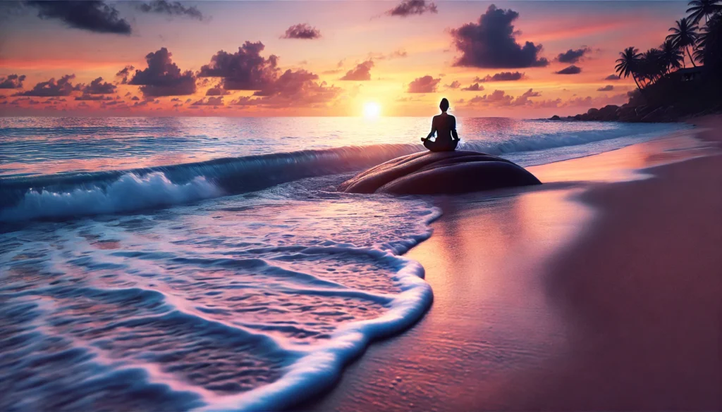 A tranquil beach scene at sunset, with gentle waves washing the shore. A person meditates on a rock, gazing at the ocean, surrounded by calming hues of orange and purple, evoking deep relaxation.