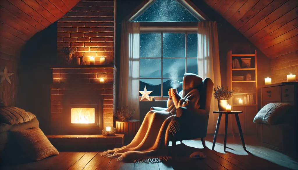 A comforting indoor setting featuring a person wrapped in a warm blanket, holding a cup of tea by a glowing fireplace. A large window reveals a peaceful starry night, symbolizing self-care and emotional well-being.