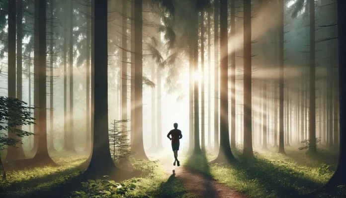 A serene morning scene of a runner jogging through a misty forest, with sunlight filtering through the trees, symbolizing mindfulness and mental well-being.