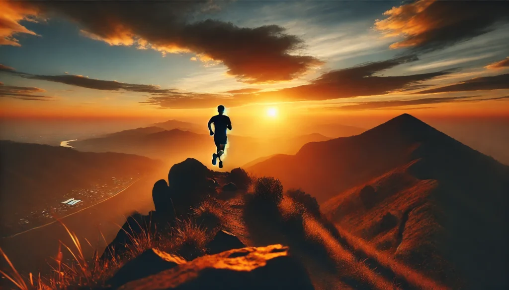 A silhouette of a runner on a mountain trail at sunset, with a vast open sky, representing freedom, mental clarity, and emotional balance.