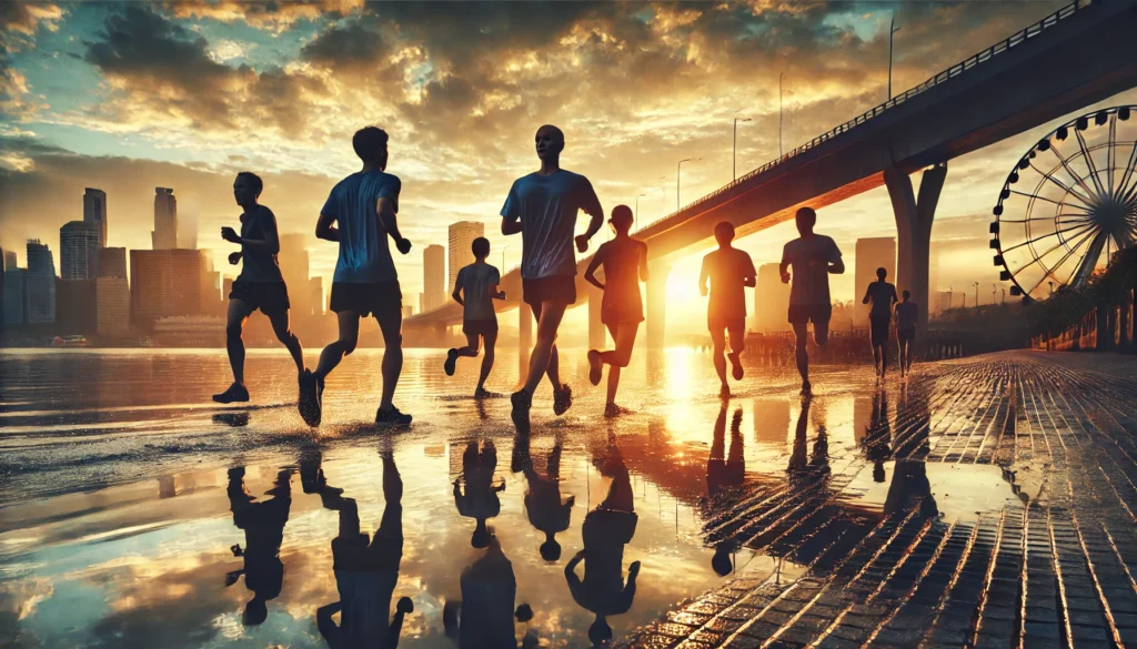 A group of runners jogging along a scenic waterfront during sunrise, their reflections shimmering in the water, symbolizing social connection, happiness, and reduced anxiety.