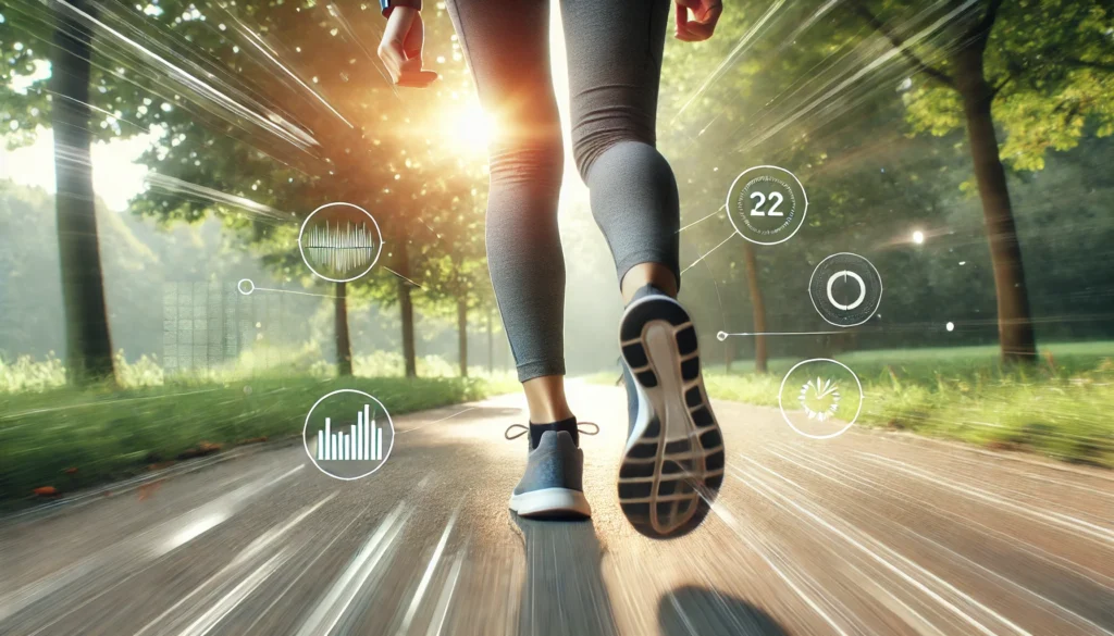 A close-up of a runner’s feet in motion on a park trail, with blurred greenery in the background, representing the meditative rhythm of running and stress relief.
