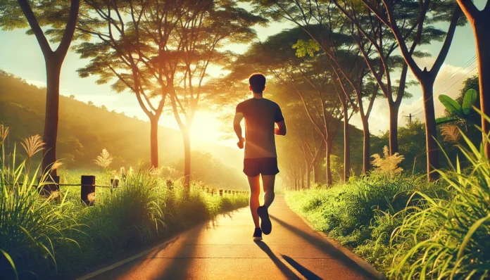 A serene morning jogger running along a tree-lined path, bathed in warm sunlight, symbolizing the mental health benefits of outdoor exercise.