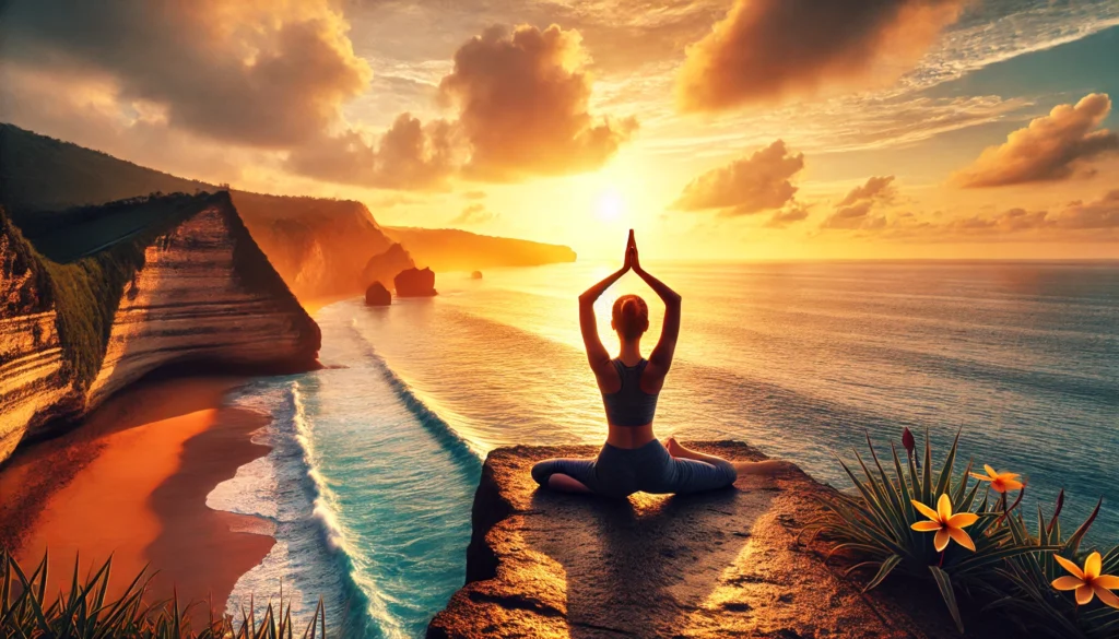 A person practicing yoga on a scenic cliff at sunrise, illustrating mindfulness and inner peace through movement.