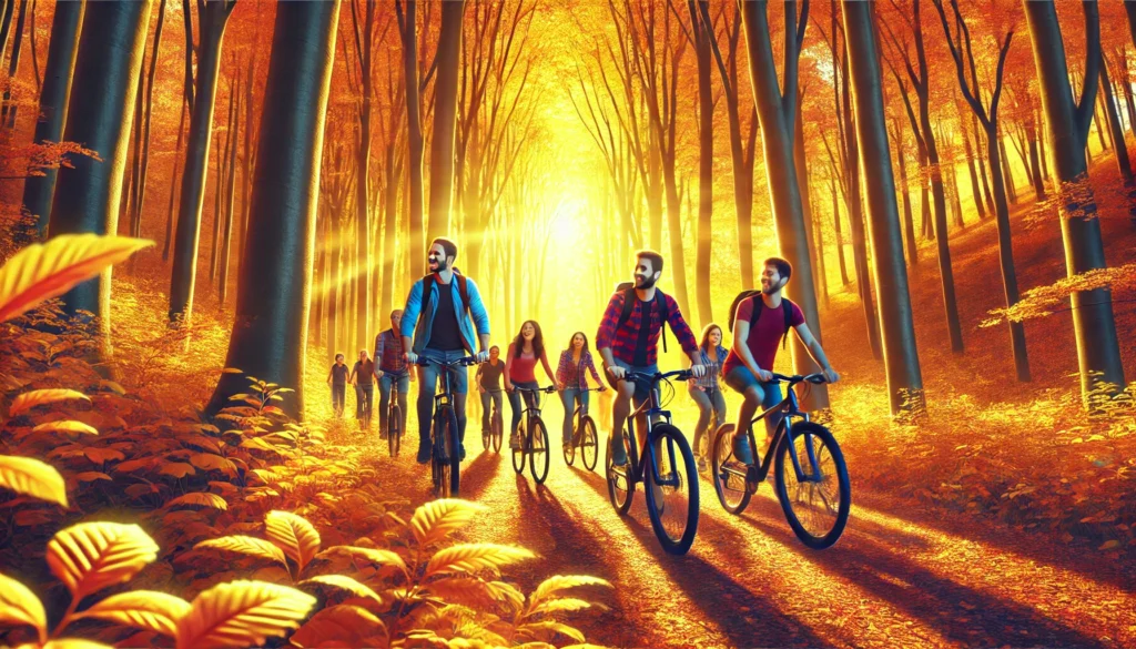 A group of people cycling through vibrant golden foliage, representing the uplifting effects of group exercise on mental health.